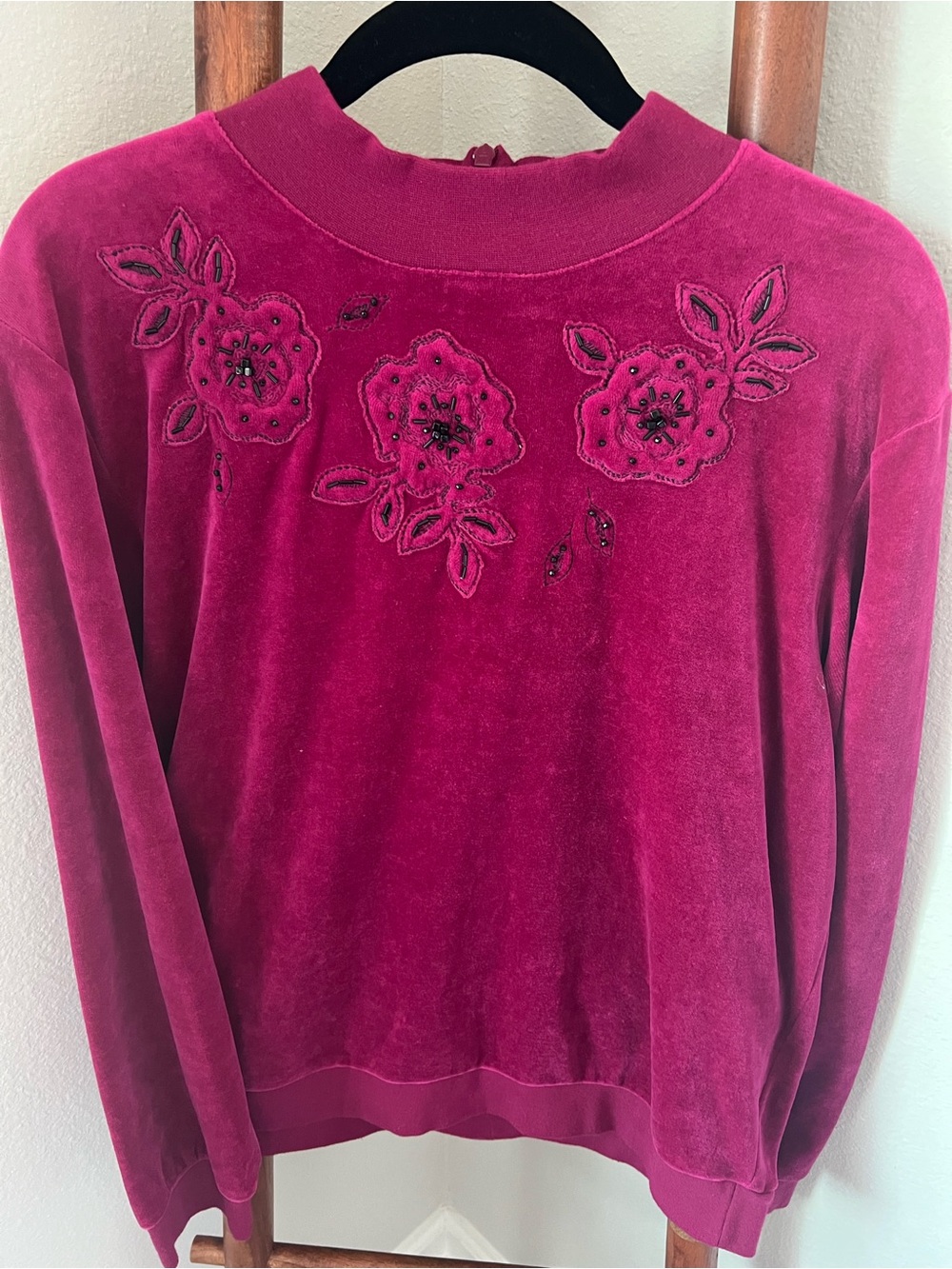 Napa Valley Petites Vintage Velour Floral Beaded Pullover Top Size L Pink